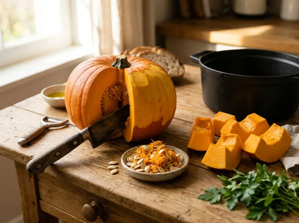 Pumpkin peeled and cut into chunks for pumpkin and zucchini soup