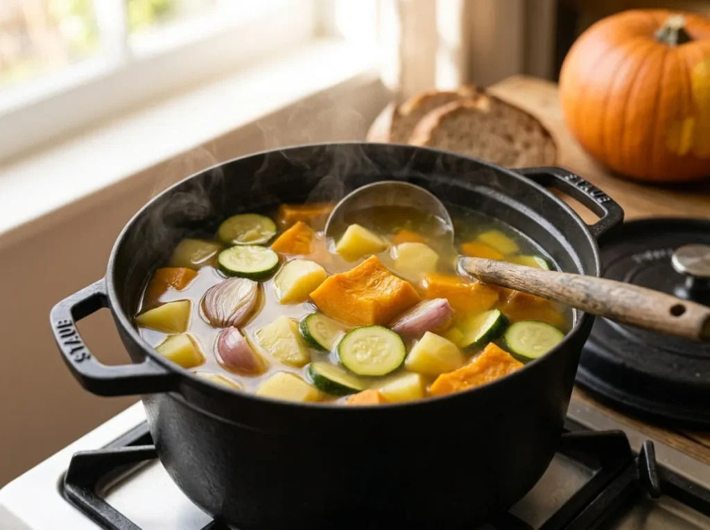 Pumpkin, zucchini, potatoes, and shallot cooking in a pot