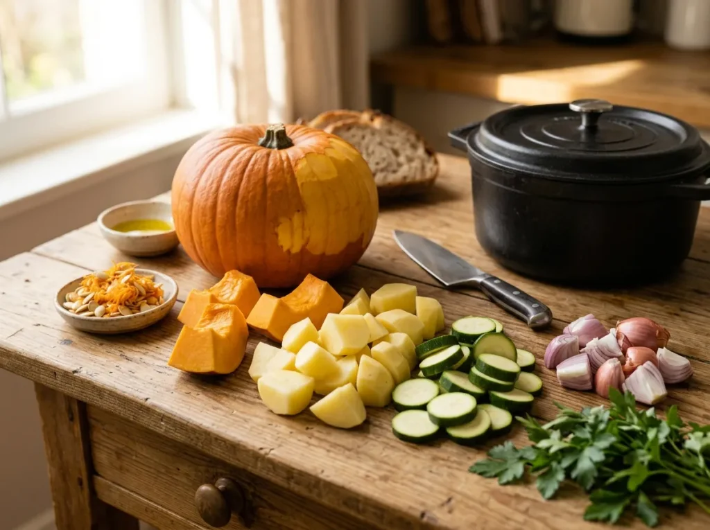 Pumpkin, zucchini, potatoes, and shallot prepared for soup