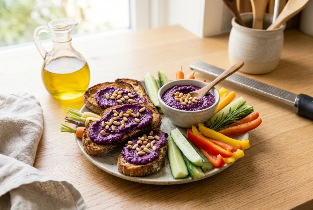 Purple cabbage pesto served with crostini and vegetables