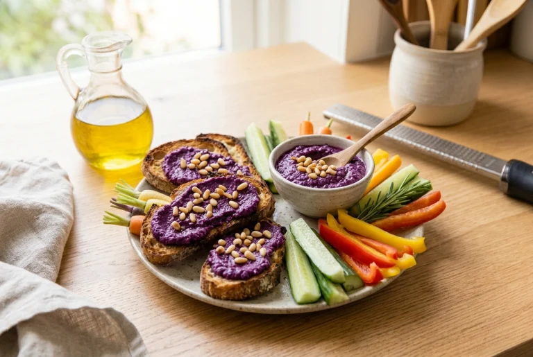 Purple cabbage pesto served with crostini and vegetables