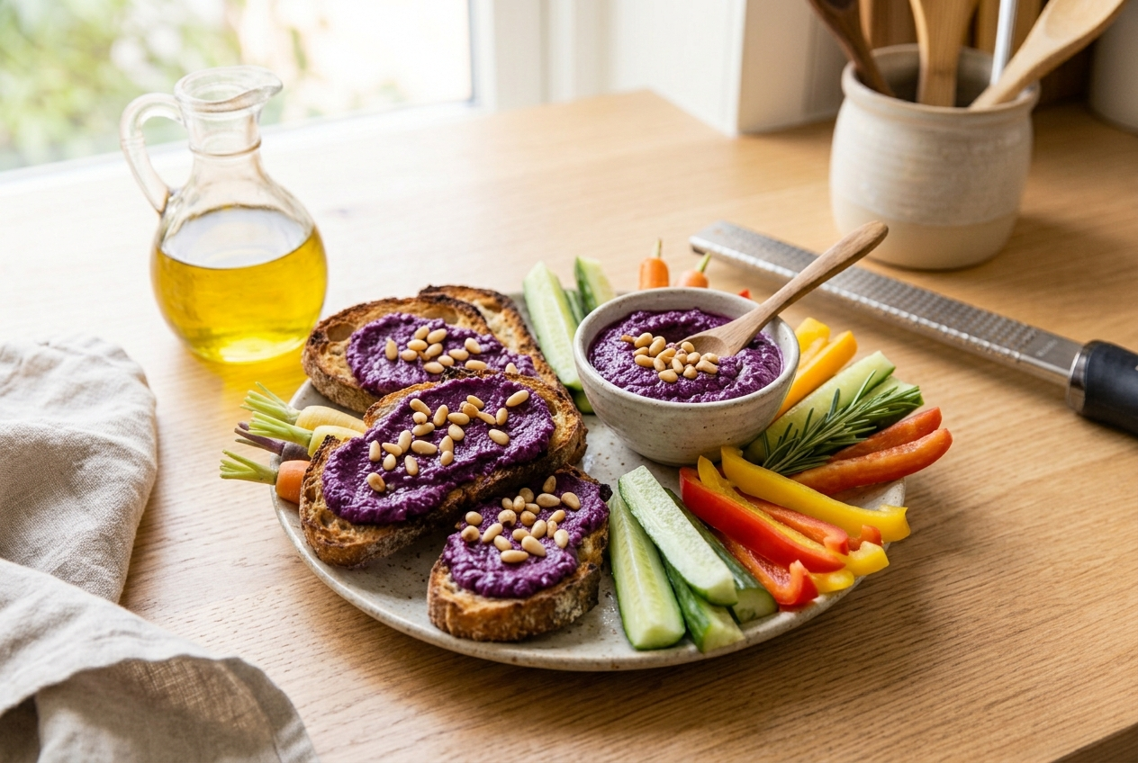 Purple cabbage pesto served with crostini and vegetables