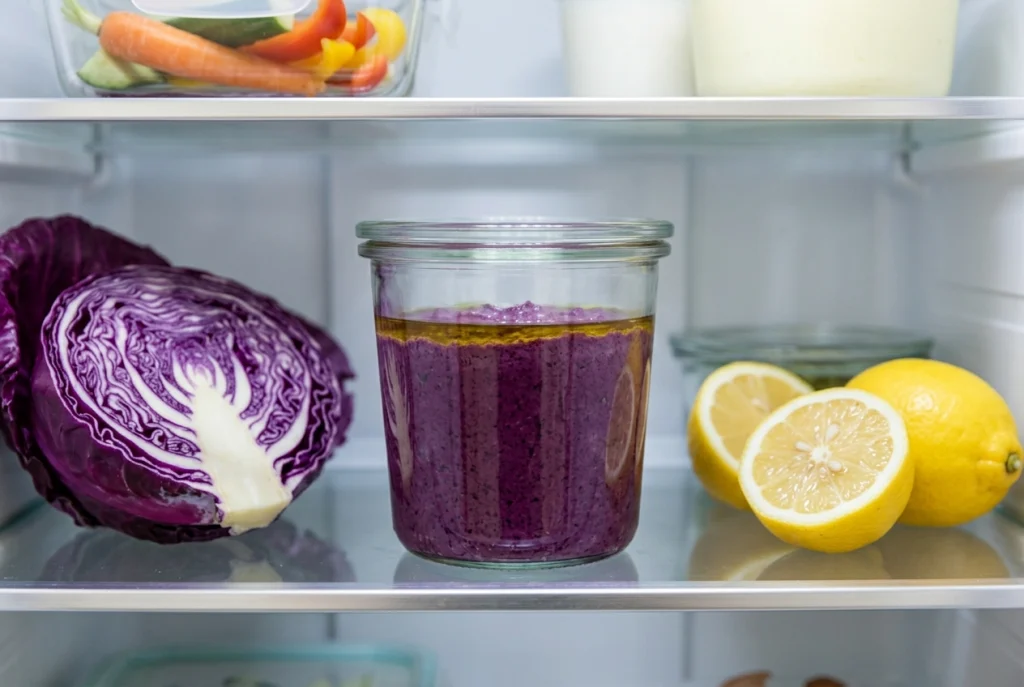 Purple cabbage pesto stored in a glass jar