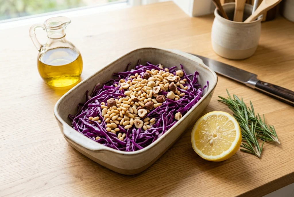 Purple cabbage with pine nuts and hazelnuts