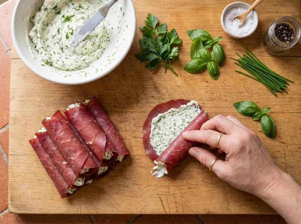 Rolling bresaola slices around creamy herb cheese filling