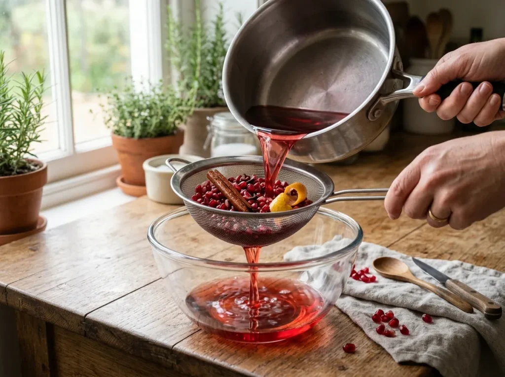 Ruby-red pomegranate infusion being strained into a glass bowl