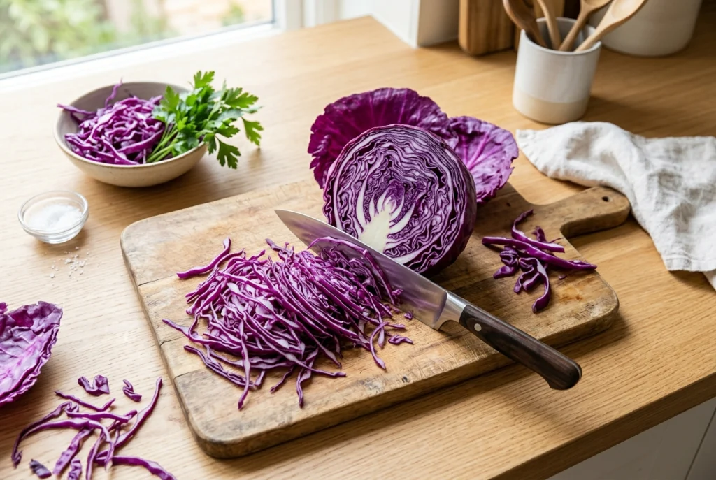 Slicing purple cabbage for pesto