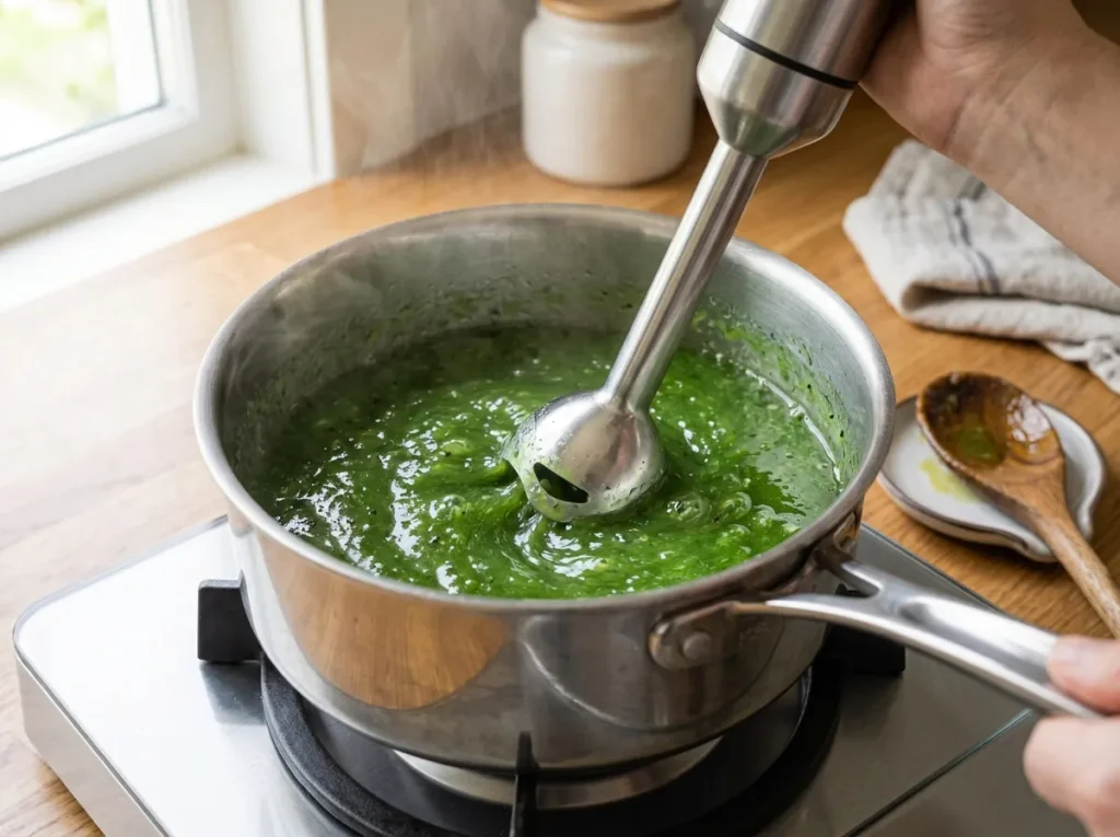 Softened kiwi and apple being blended into smooth kiwi jam_result
