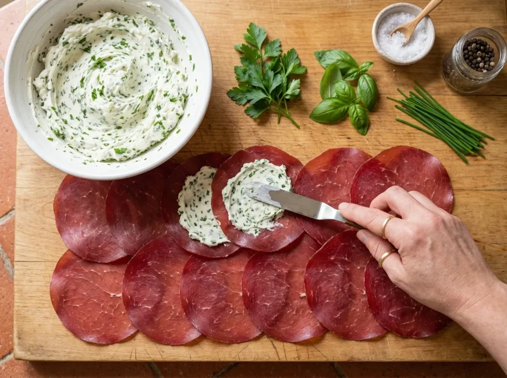 Spreading herb cream cheese over thin slices of bresaola