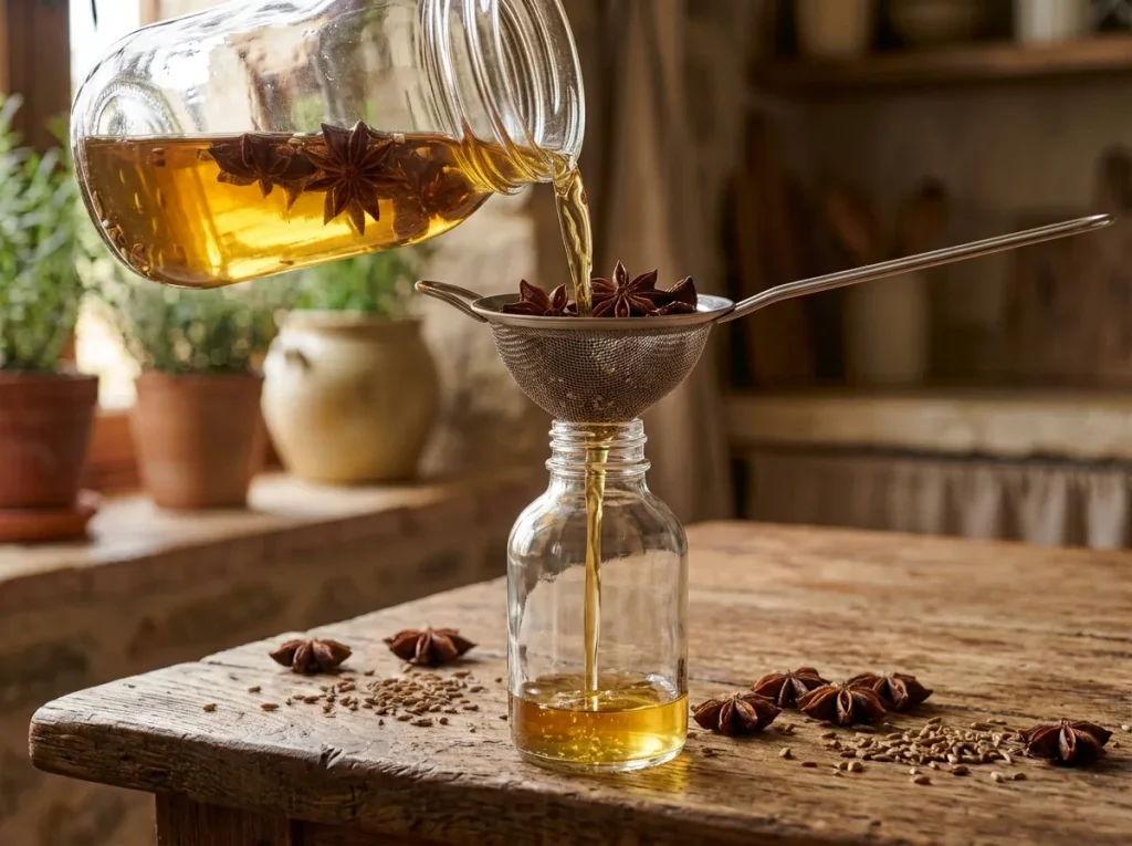 Straining anise-infused alcohol into a clean glass bottle