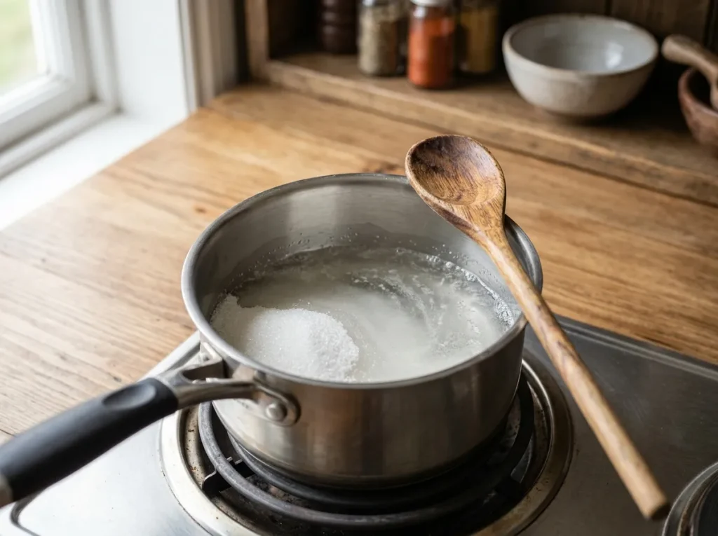 Sugar and water simmering in a saucepan for pomegranate liqueur