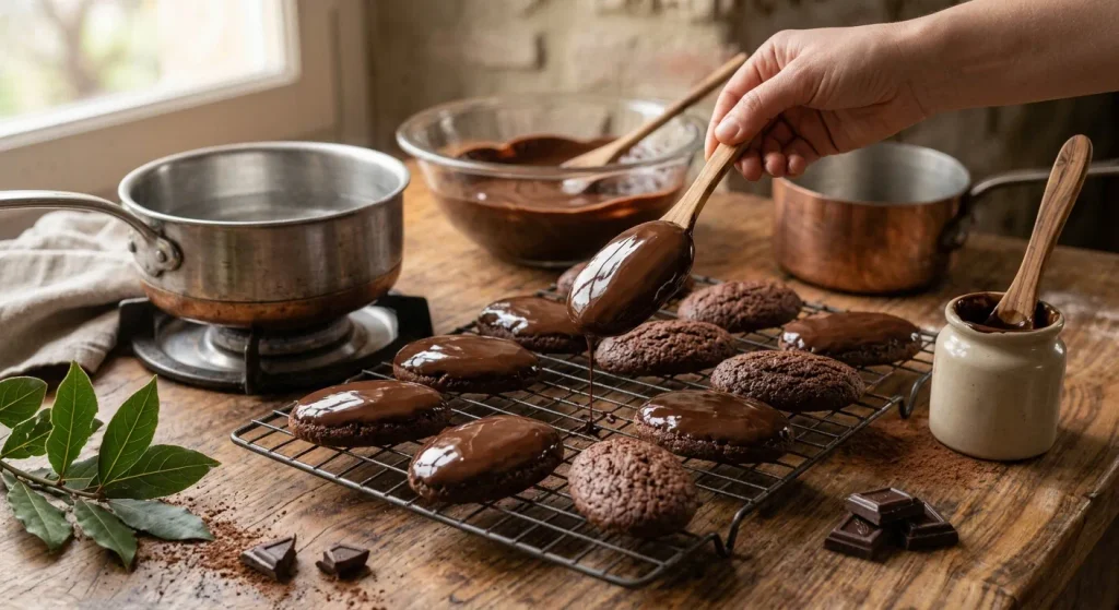 Susumelle cookies coated with melted dark chocolate