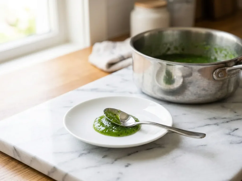 Thick homemade kiwi jam being tested on a chilled saucer_result