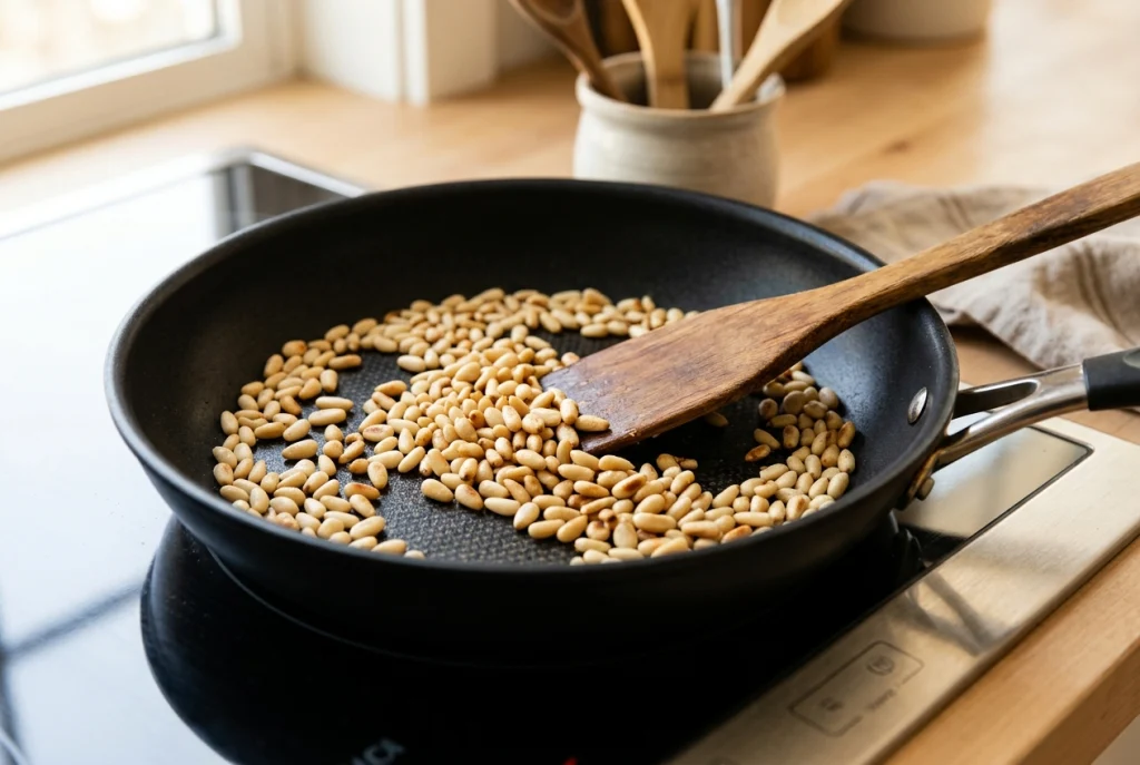 Toasting pine nuts for purple cabbage pesto