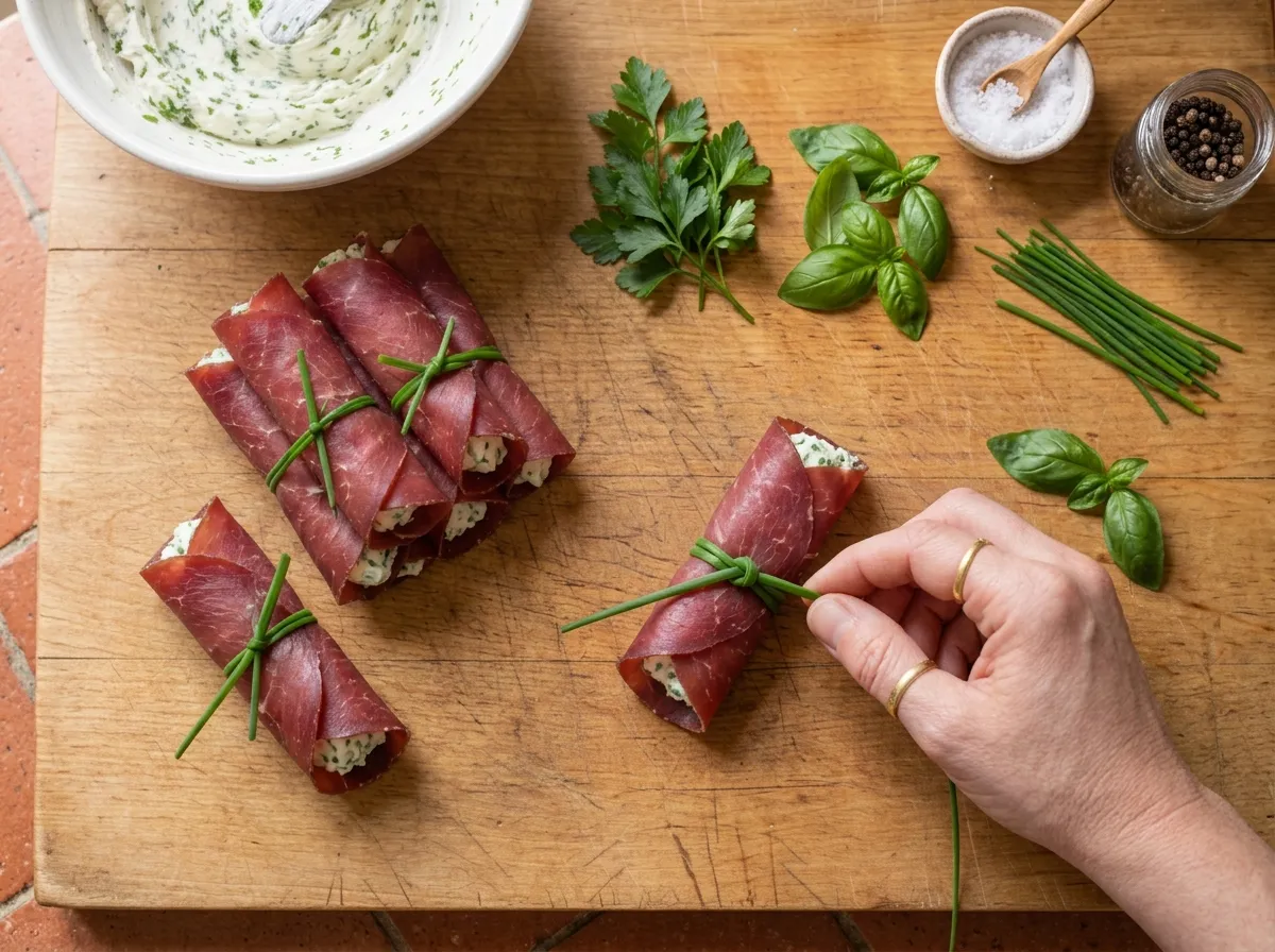 Tying bresaola rolls with fresh chives to secure the filling