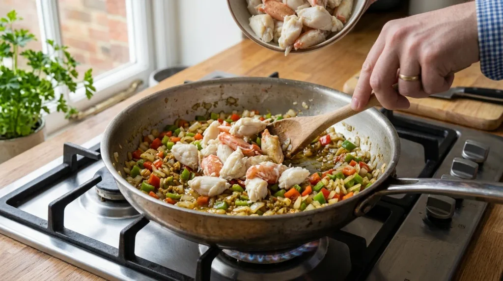 Adding cooked crab meat to sautéed garlic onion and bell pepper