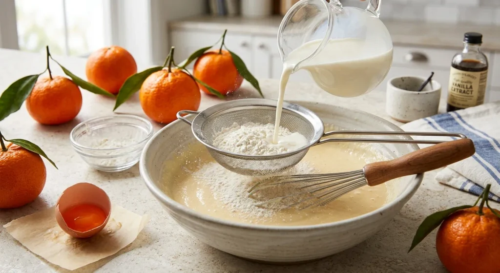 Flour and cornstarch added to egg mixture with milk for mandarin cream