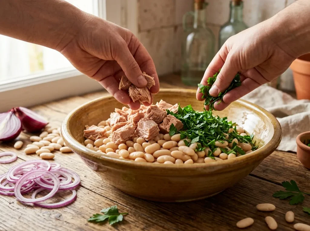 Adding tuna and fresh parsley to cannellini beans