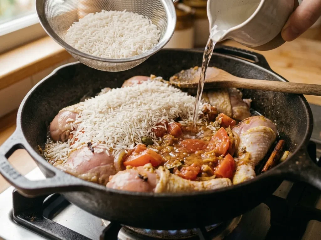 Basmati rice and water added to the chicken biryani mixture