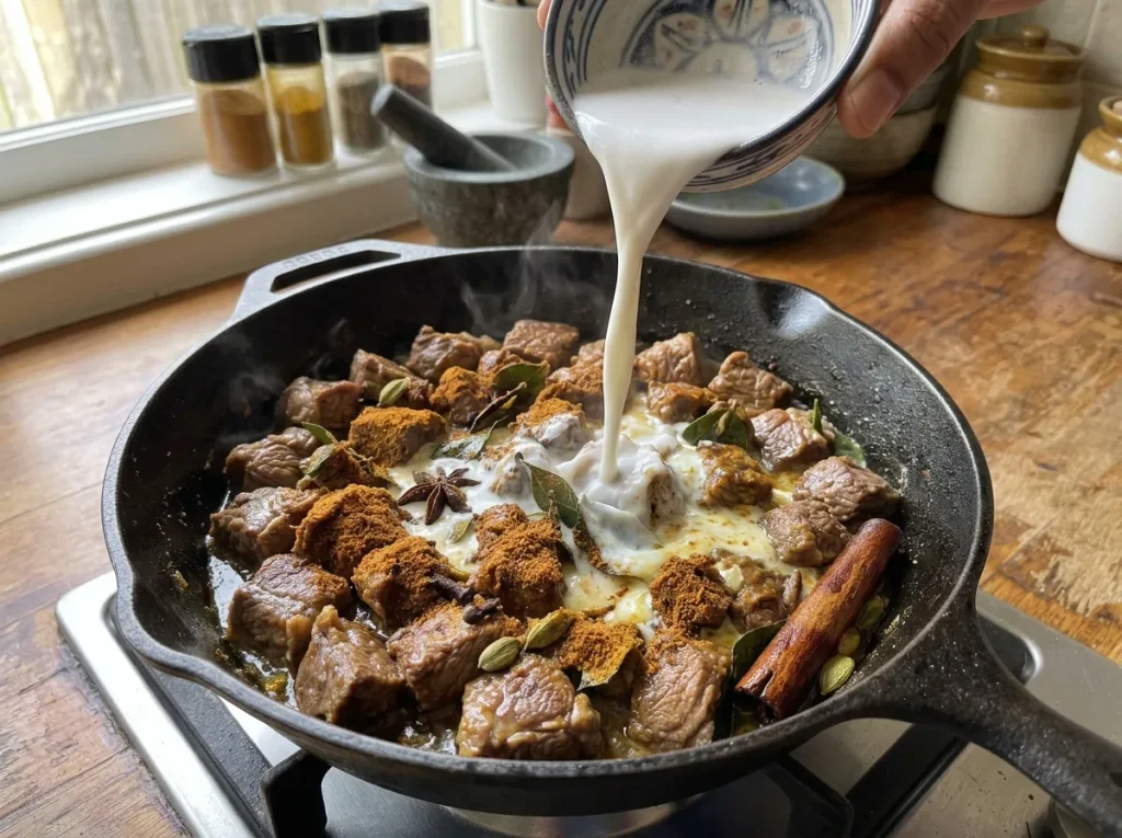 Pouring coconut milk into the spiced mutton curry