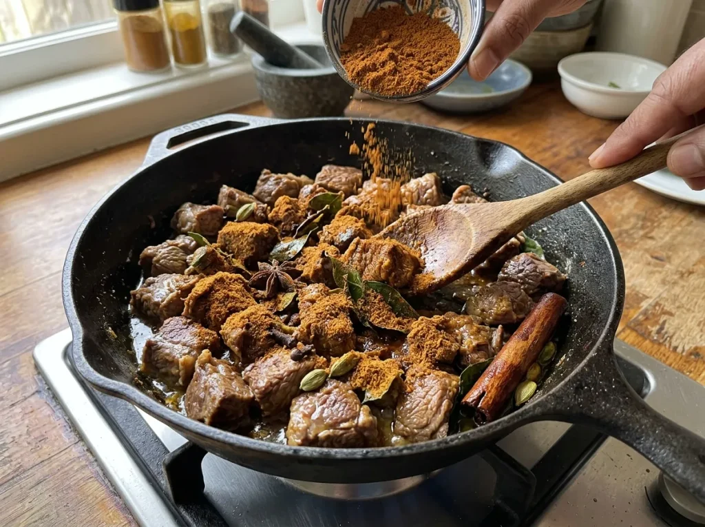 Adding mutton curry powder to cooked boneless mutton