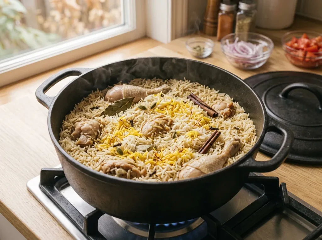 Saffron seasoning added to nearly cooked chicken biryani before the final five minutes of cooking.