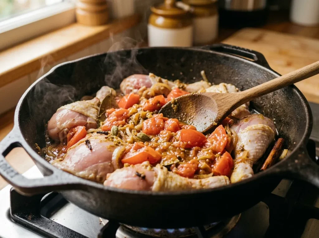 Chopped tomatoes cooking with chicken, onions, and biryani spices