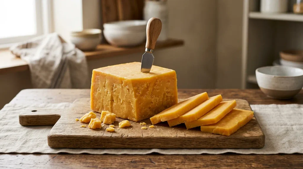 Slices of aged Cheddar cheese arranged on a wooden cutting board.