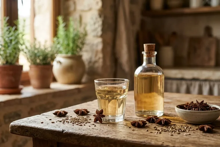 Homemade anise liqueur served in a glass with anise seeds and star anise