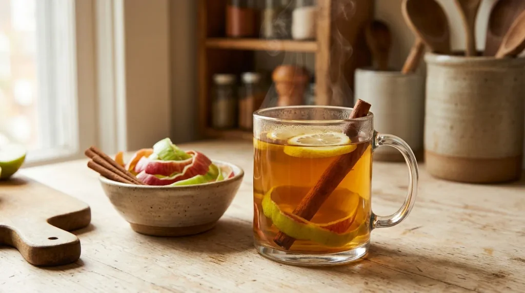 Homemade apple-peel tea with cinnamon and fresh lemon.