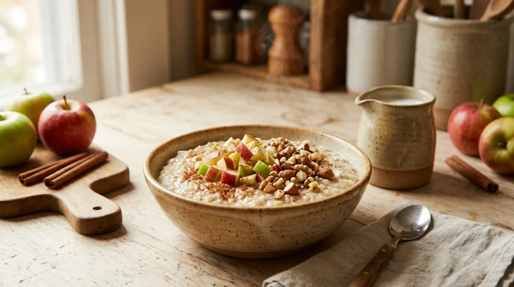 Creamy oatmeal topped with chopped apple peels and cinnamon.