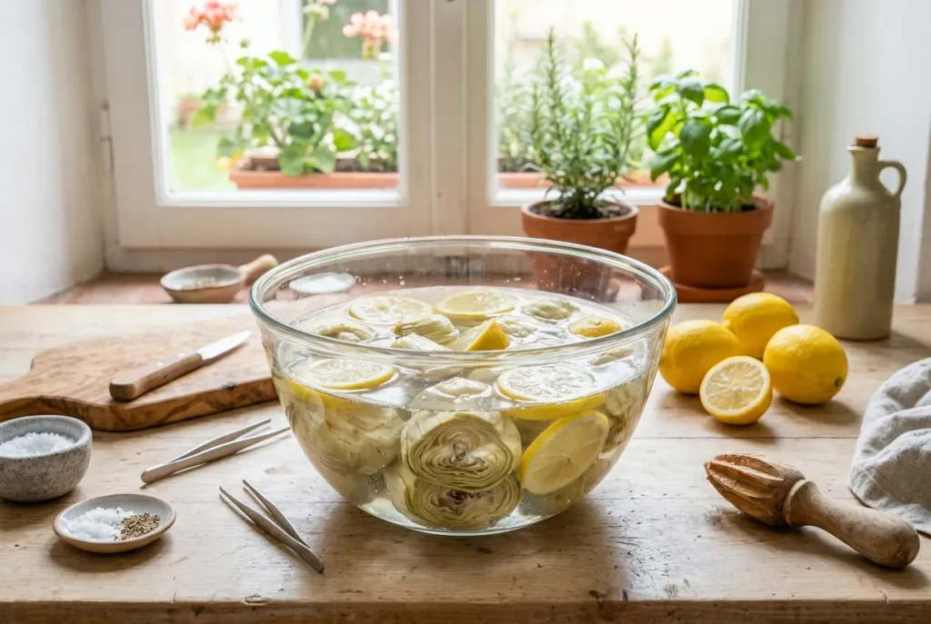 Artichoke hearts soaking in lemon water to prevent browning