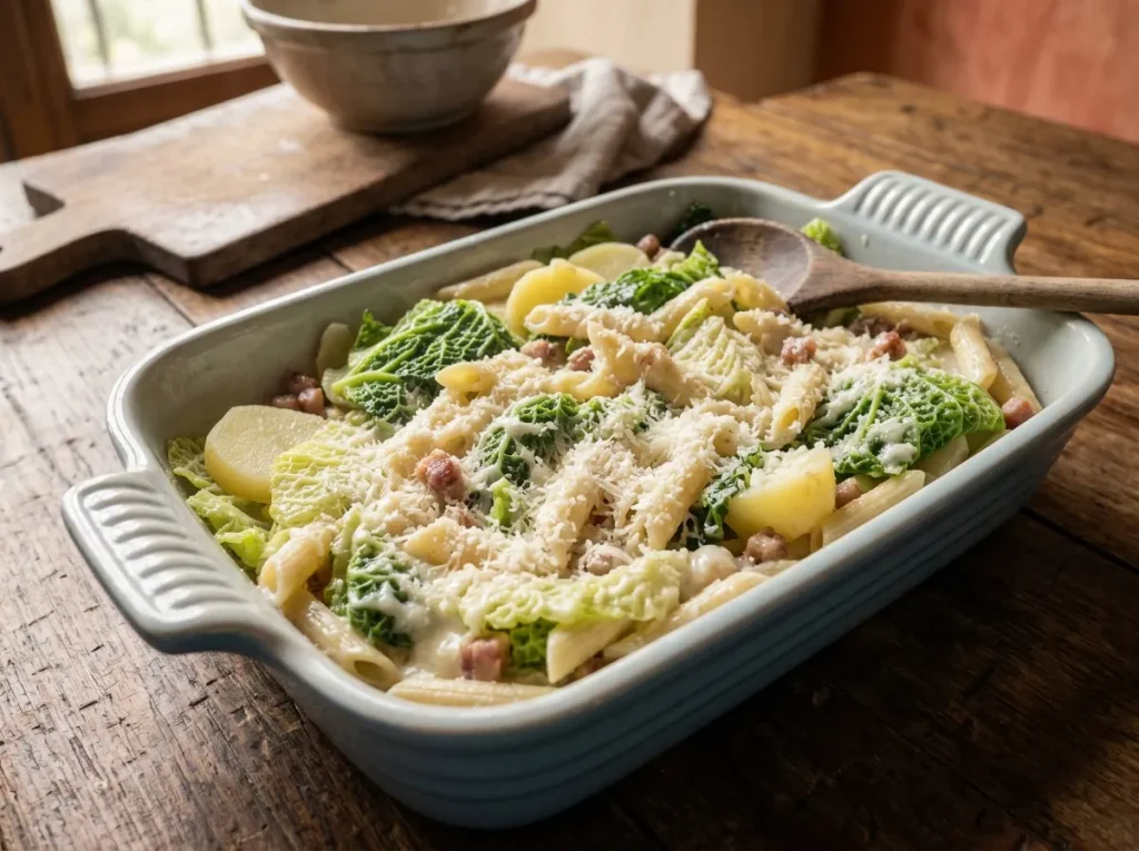 Pasta bake topped with grated cheese before baking