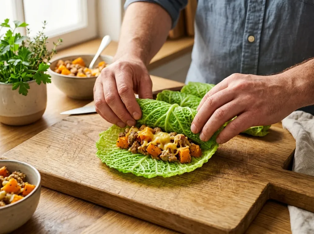 Wrapping pumpkin and sausage filling inside a Savoy cabbage leaf