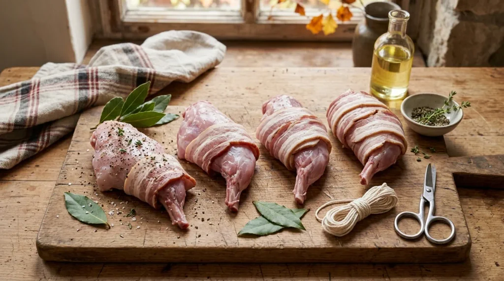 Rabbit legs seasoned and wrapped in bacon with bay leaves