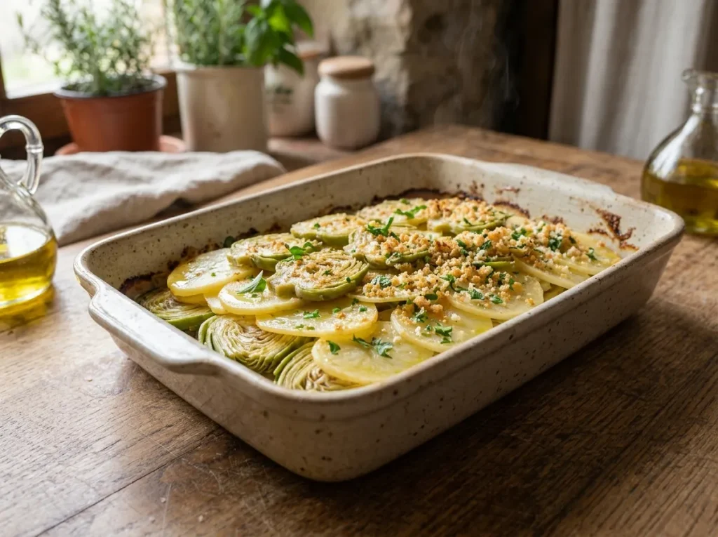 Golden baked artichokes and potatoes with a crispy Parmesan breadcrumb topping