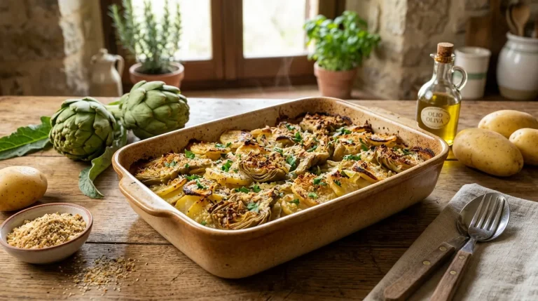 Baked artichokes and potatoes with crispy golden breadcrumbs and Parmesan cheese