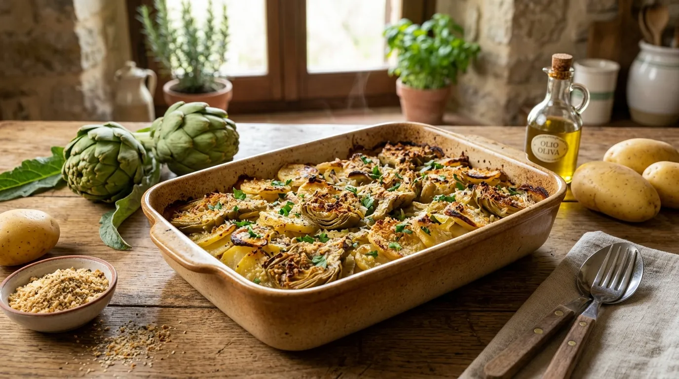 Baked artichokes and potatoes with crispy golden breadcrumbs and Parmesan cheese