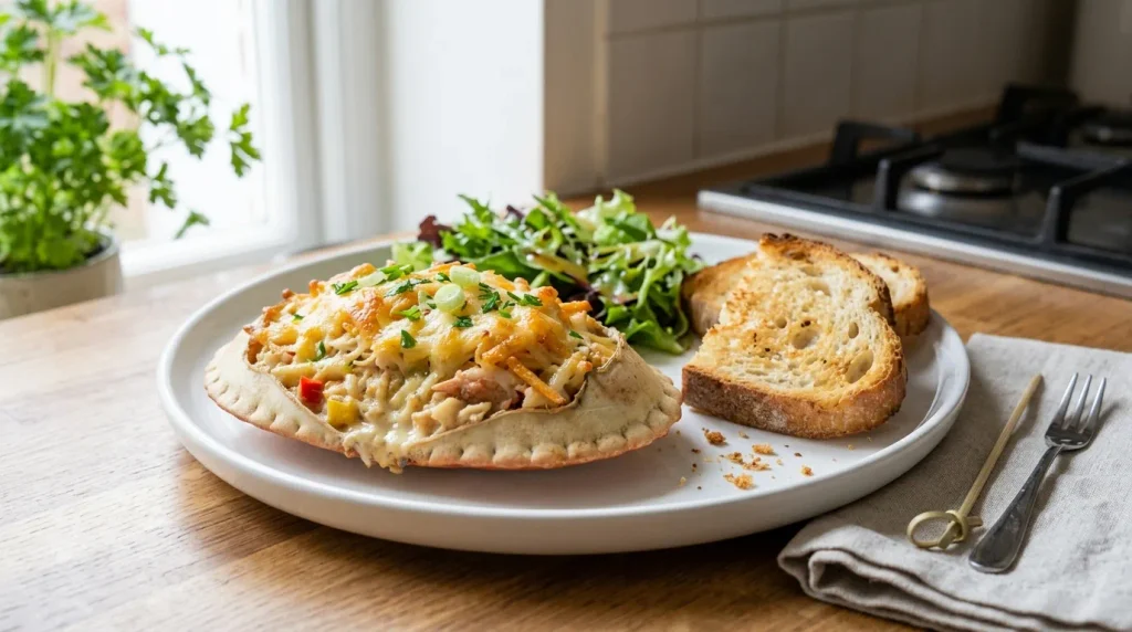 Baked crab with melted cheese garnished with fresh herbs and ready to serve