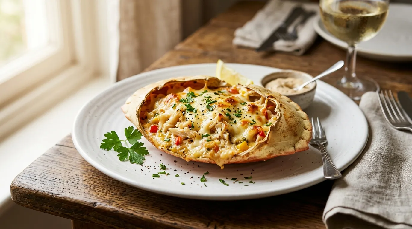 Baked crab with cheese topped with golden melted cheese