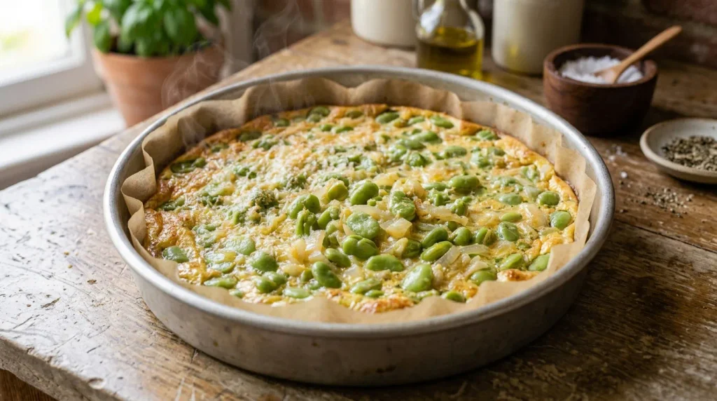 Golden oven-baked fava bean omelette with fresh green broad beans