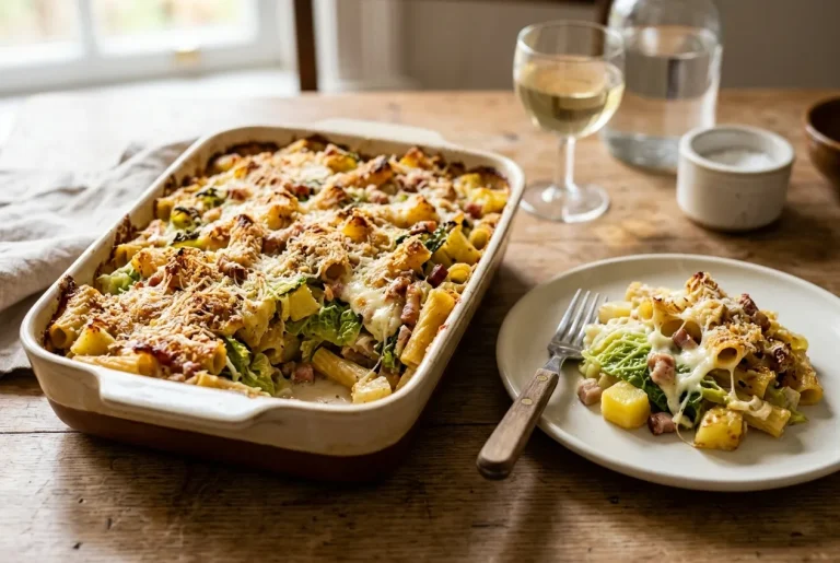 Baked pasta with Savoy cabbage, potatoes, pancetta, and golden melted cheese