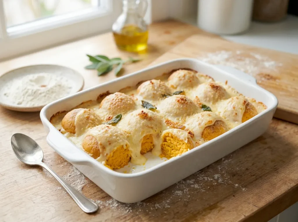 Golden baked pumpkin ricotta snowflakes topped with creamy béchamel and Parmesan