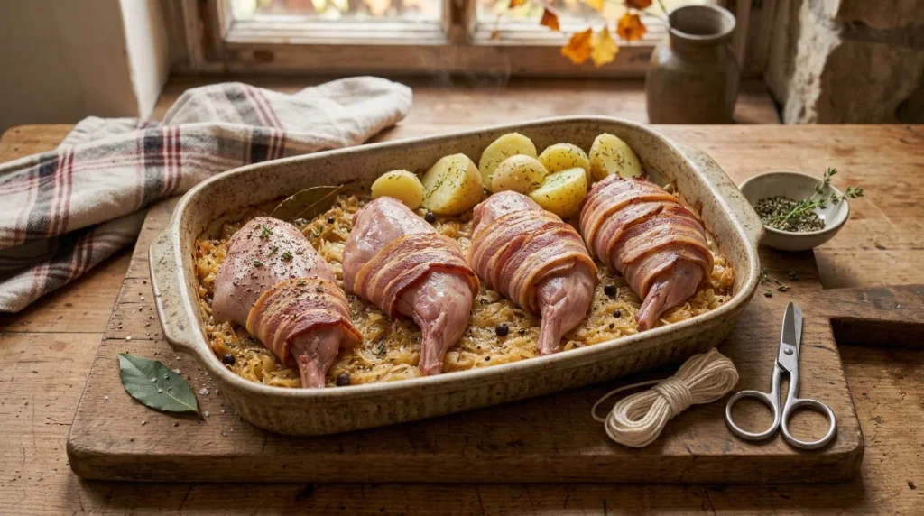 Baked bacon-wrapped rabbit legs served with wine sauerkraut and potatoes