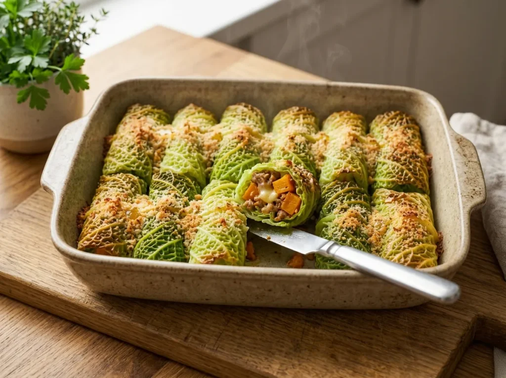 Golden baked Savoy cabbage rolls filled with pumpkin, sausage, and melted smoked cheese