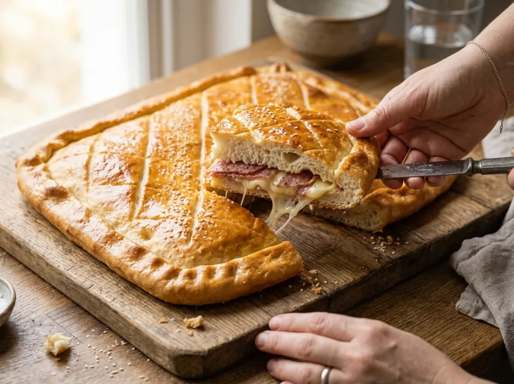 Golden baked stuffed focaccia with salami and melted scamorza cheese