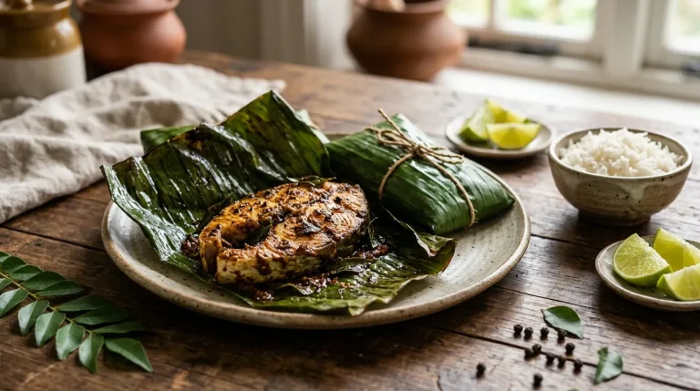Banana leaf fish recipe with spiced seer fish wrapped in green banana leaves