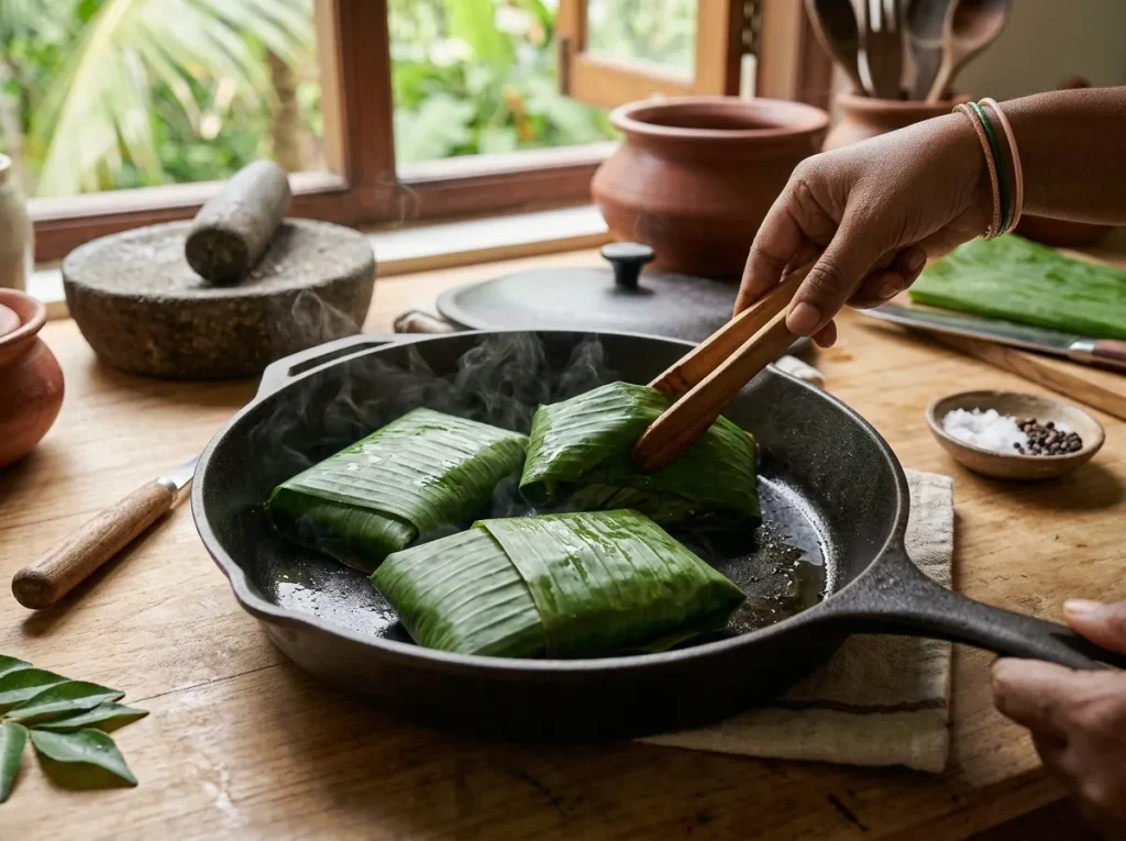 Banana leaf fish parcels cooking in a covered frying pan