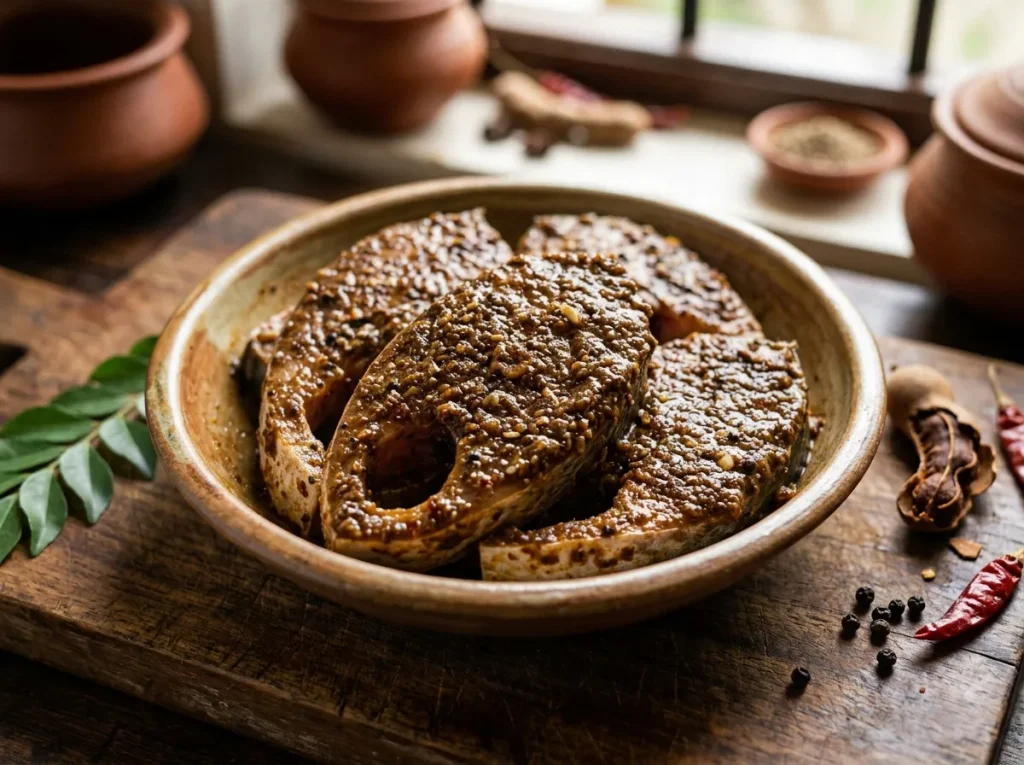 Seer fish steaks coated in spices for banana leaf fish recipe
