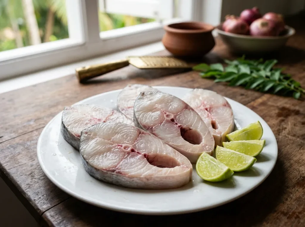 Fresh seer fish steaks prepared for banana leaf fish recipe